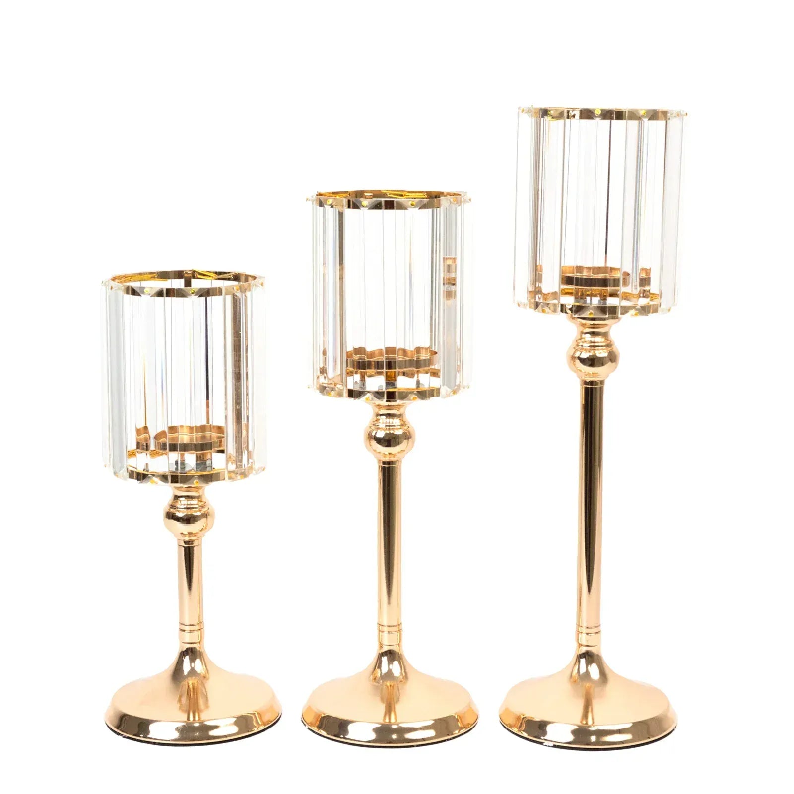 3 Gold and Clear Crystal Pendant Hurricane Candle Holders