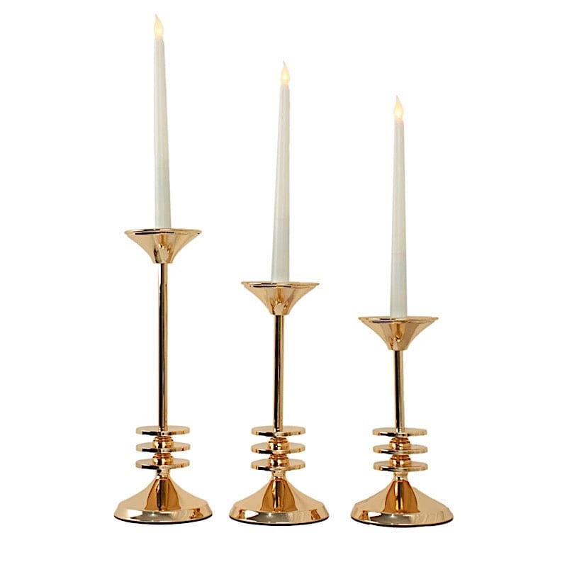 3 Gold Candlestick Stands 3-Disk Design Taper Candle Holders Set