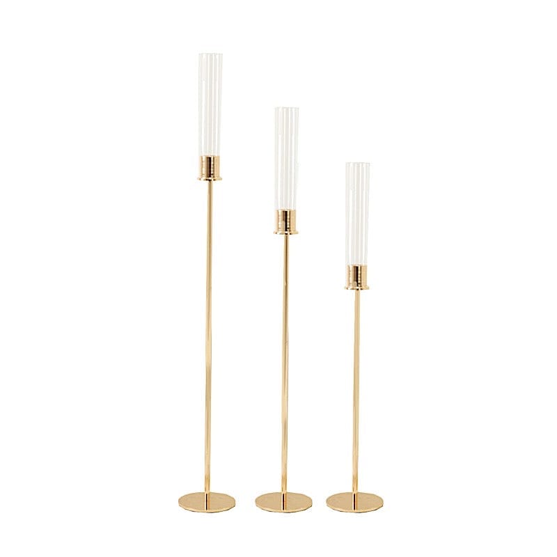 3 Gold Metal Taper Candle Holders with Hurricane Glass Shades Set
