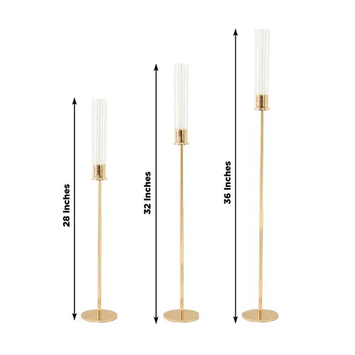 3 Gold Metal Taper Candle Holders with Hurricane Glass Shades Set