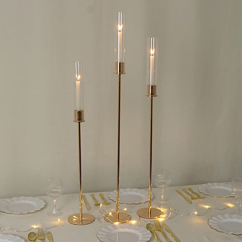 3 Gold Metal Taper Candle Holders with Hurricane Glass Shades Set