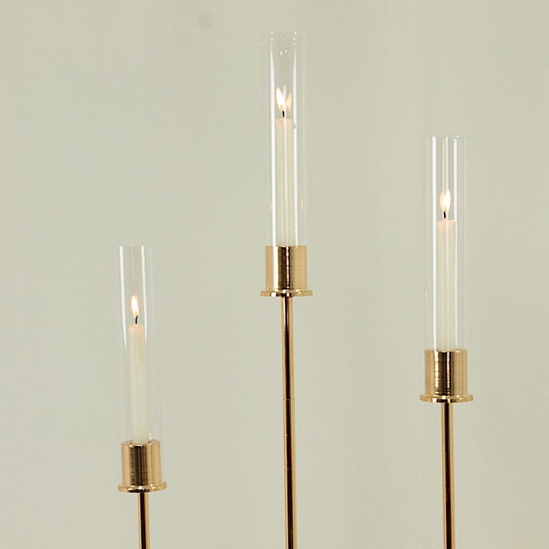 3 Gold Metal Taper Candle Holders with Hurricane Glass Shades Set