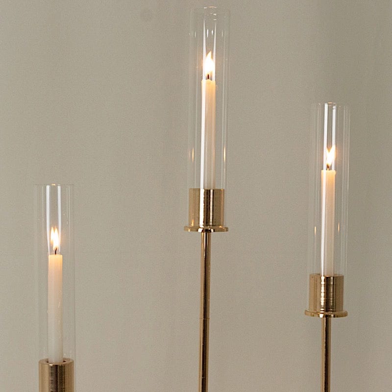 3 Gold Metal Taper Candle Holders with Hurricane Glass Shades Set