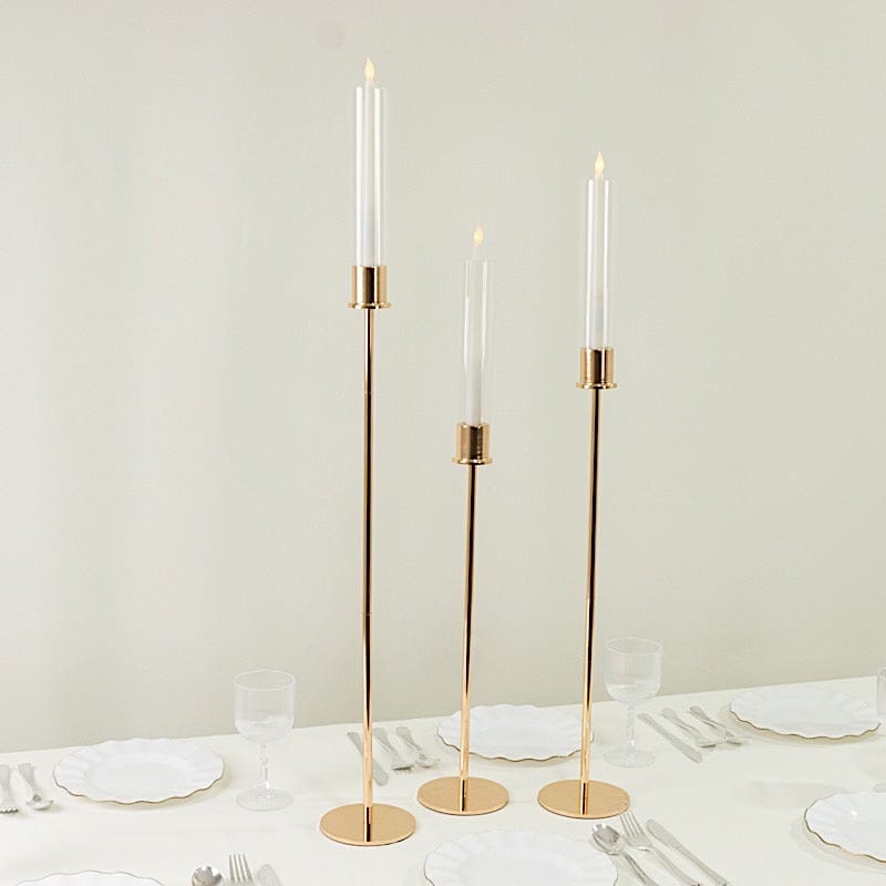 3 Gold Metal Taper Candle Holders with Hurricane Glass Shades Set