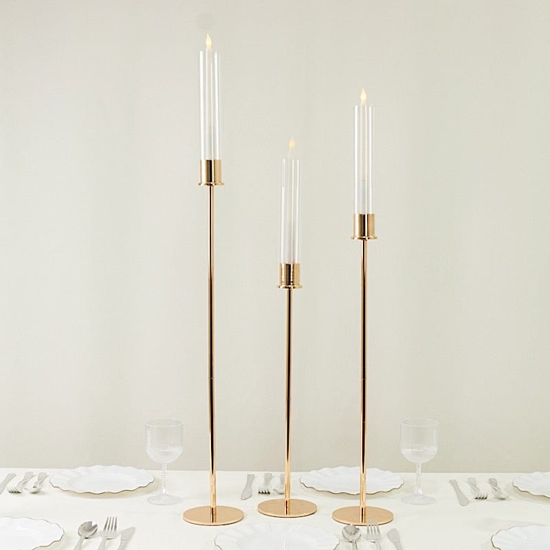 3 Gold Metal Taper Candle Holders with Hurricane Glass Shades Set