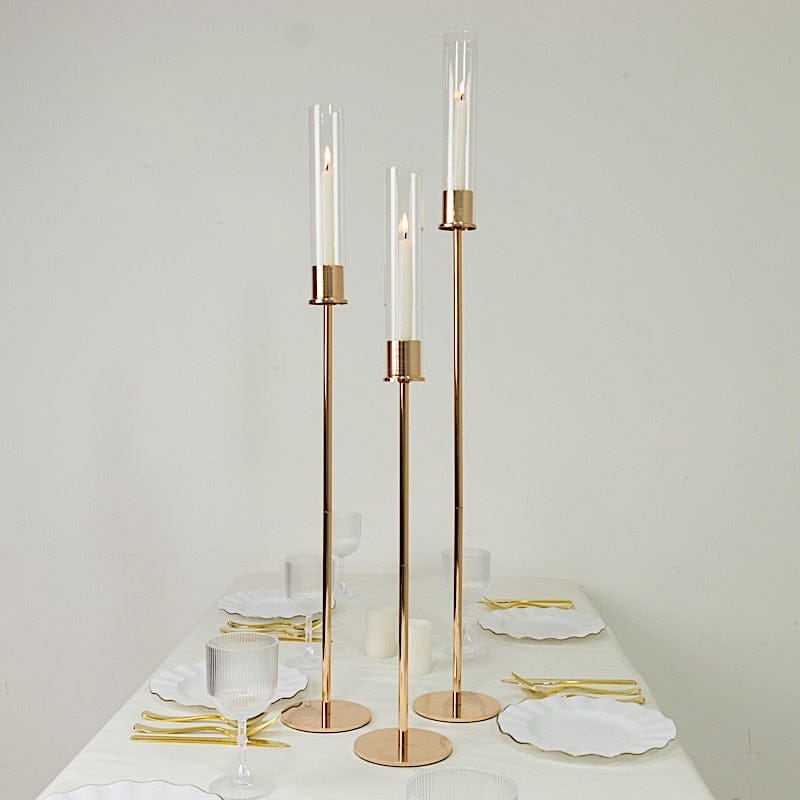 3 Gold Metal Taper Candle Holders with Hurricane Glass Shades Set