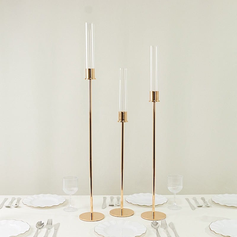 3 Gold Metal Taper Candle Holders with Hurricane Glass Shades Set