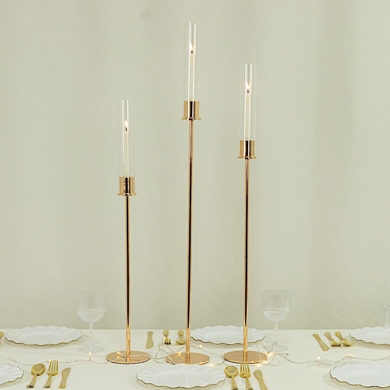 3 Gold Metal Taper Candle Holders with Hurricane Glass Shades Set