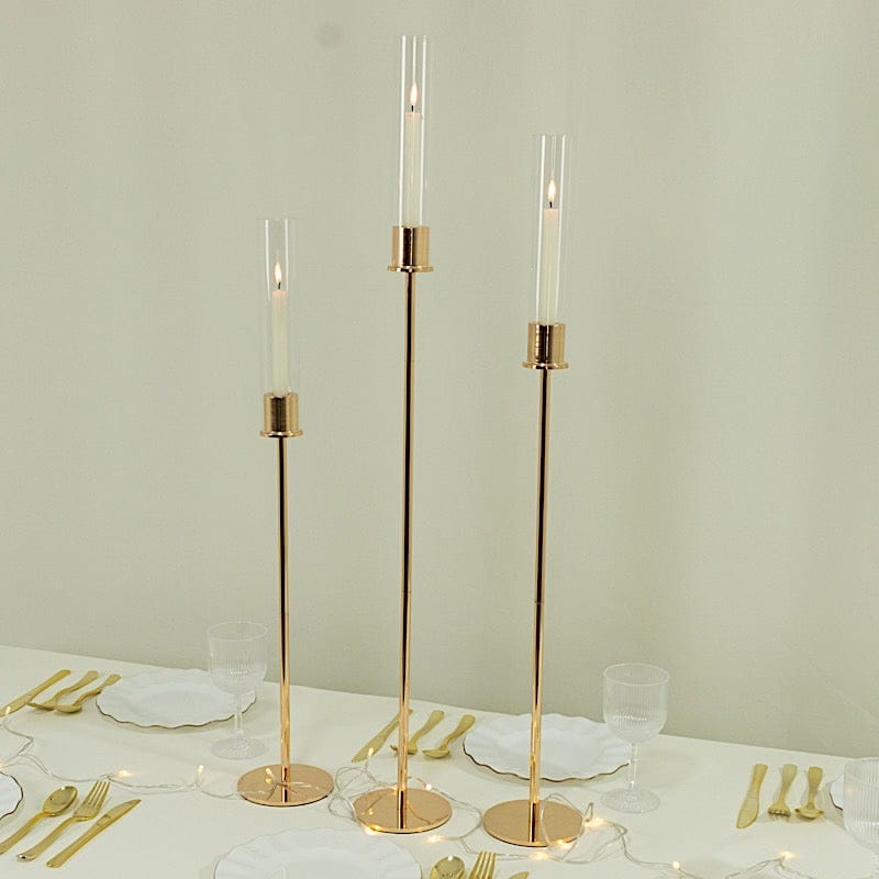 3 Gold Metal Taper Candle Holders with Hurricane Glass Shades Set