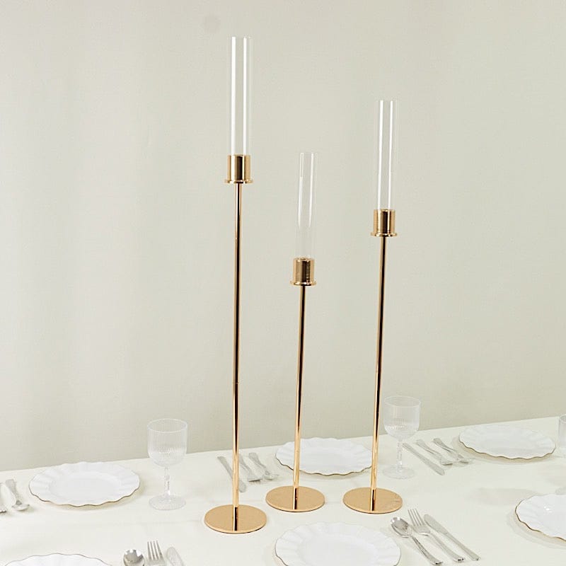 3 Gold Metal Taper Candle Holders with Hurricane Glass Shades Set