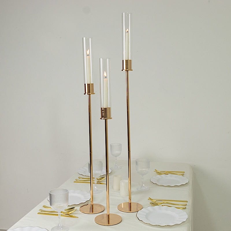 3 Gold Metal Taper Candle Holders with Hurricane Glass Shades Set