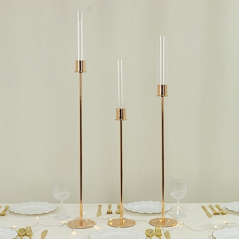 3 Gold Metal Taper Candle Holders with Hurricane Glass Shades Set