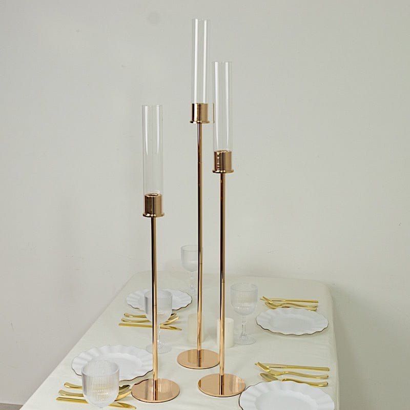 3 Gold Metal Taper Candle Holders with Hurricane Glass Shades Set