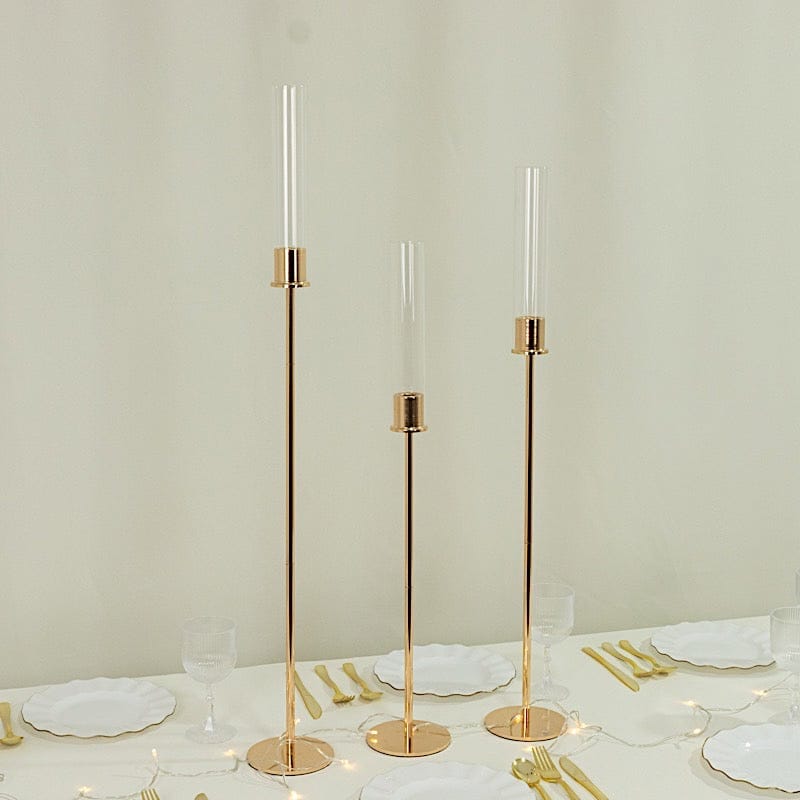 3 Gold Metal Taper Candle Holders with Hurricane Glass Shades Set