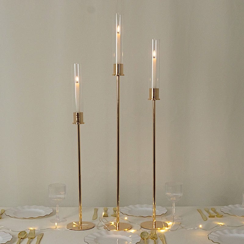 3 Gold Metal Taper Candle Holders with Hurricane Glass Shades Set
