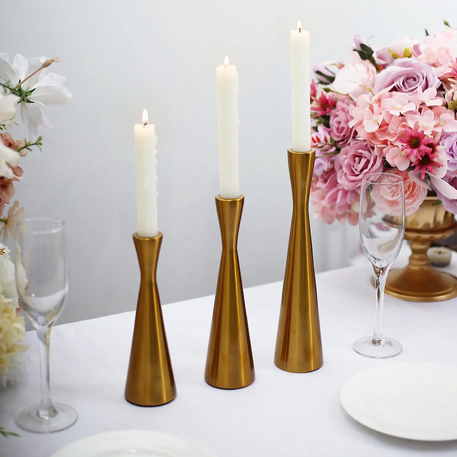 3 Gold Modern Hourglass Style Metal Taper Candle Holders