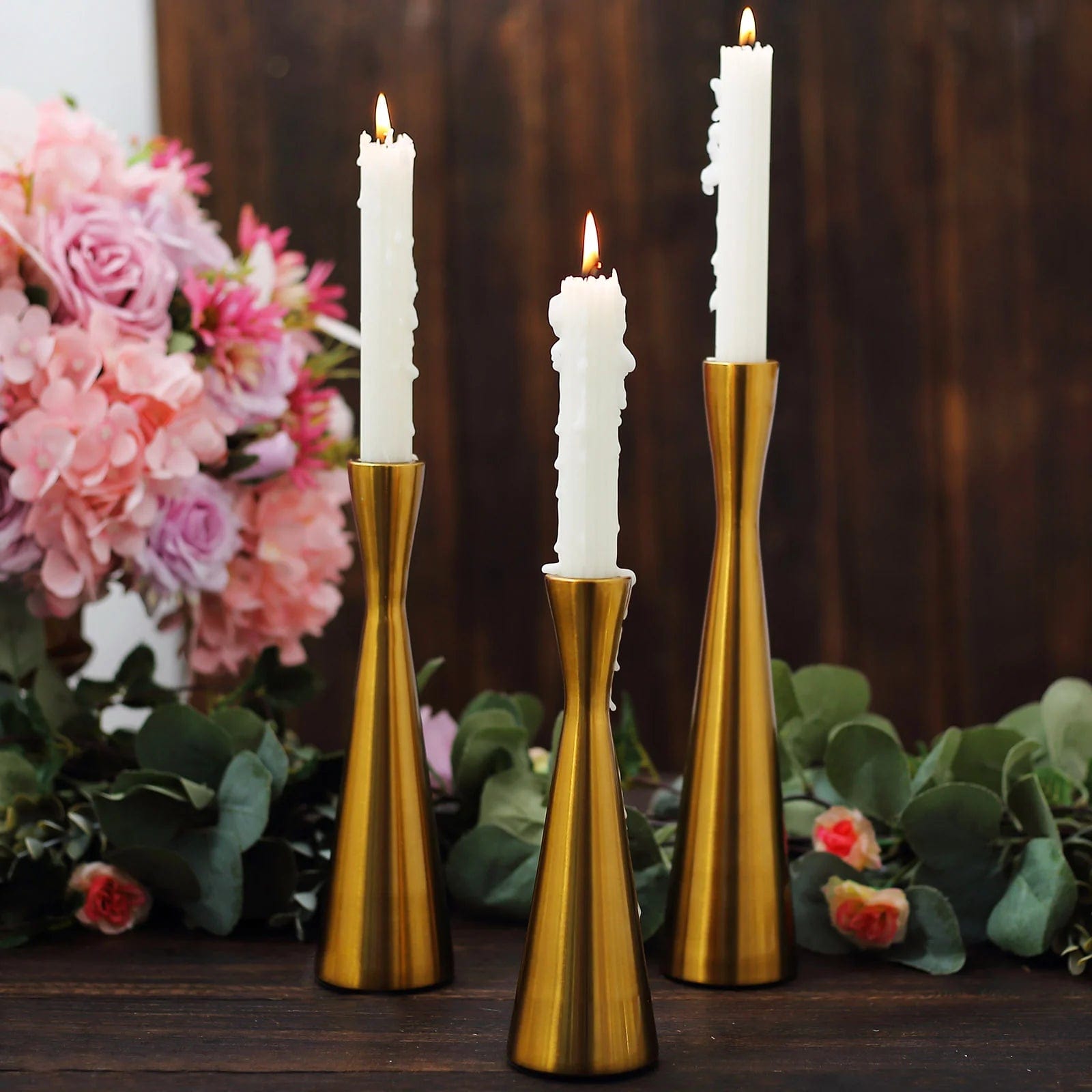 3 Gold Modern Hourglass Style Metal Taper Candle Holders