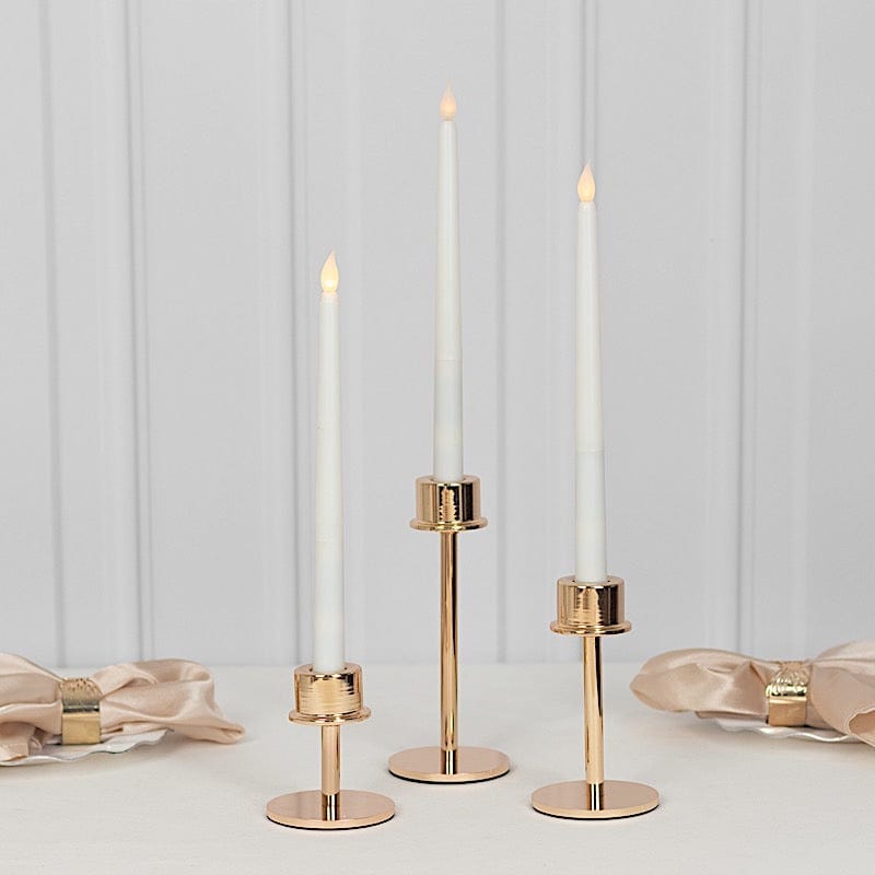 3 Gold Round Metal Taper Candlestick Holders