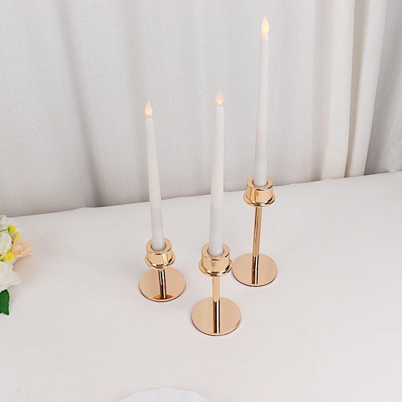 3 Gold Round Metal Taper Candlestick Holders