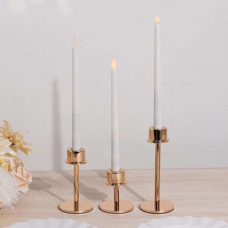 3 Gold Round Metal Taper Candlestick Holders