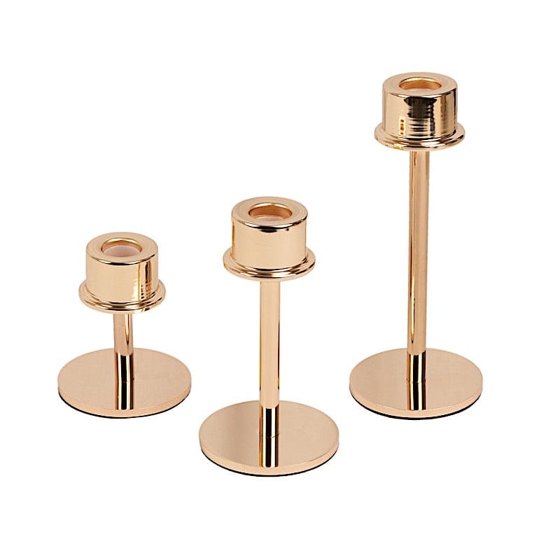 3 Gold Round Metal Taper Candlestick Holders