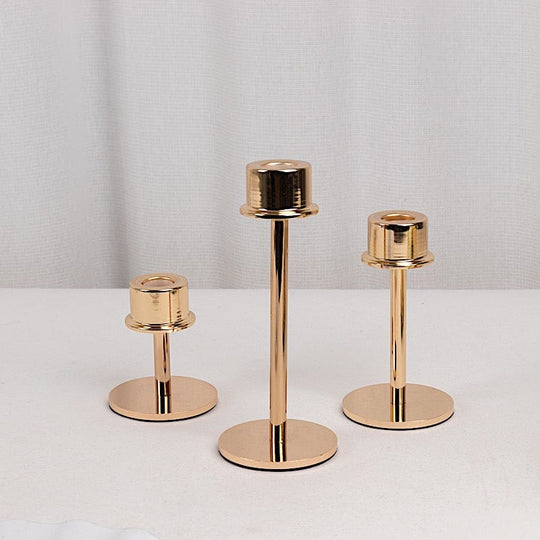 3 Gold Round Metal Taper Candlestick Holders