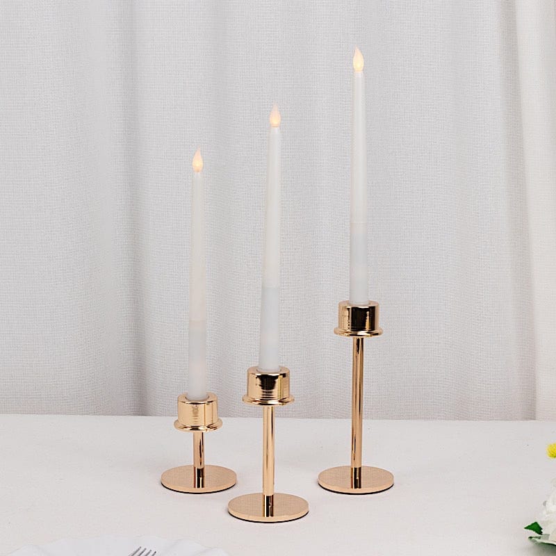 3 Gold Round Metal Taper Candlestick Holders