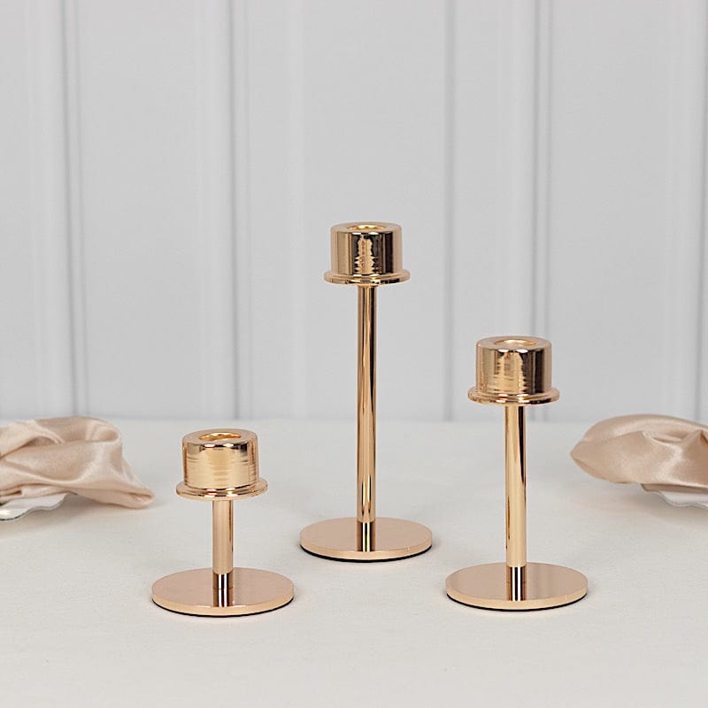 3 Gold Round Metal Taper Candlestick Holders