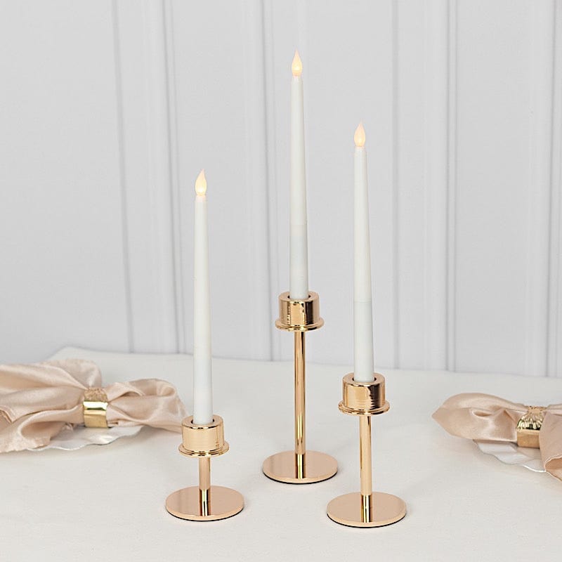 3 Gold Round Metal Taper Candlestick Holders