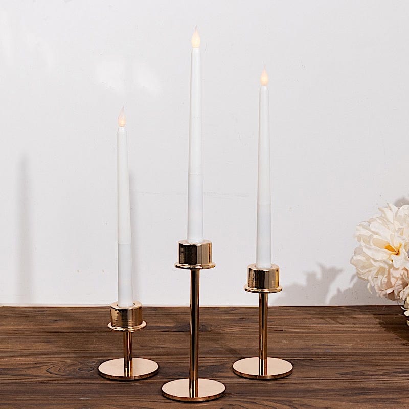 3 Gold Round Metal Taper Candlestick Holders