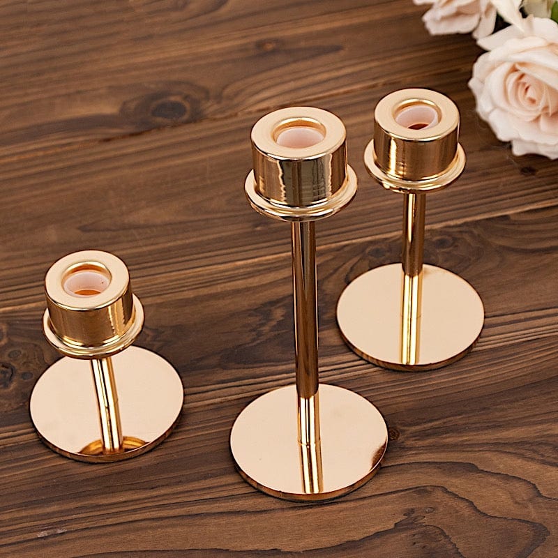 3 Gold Round Metal Taper Candlestick Holders