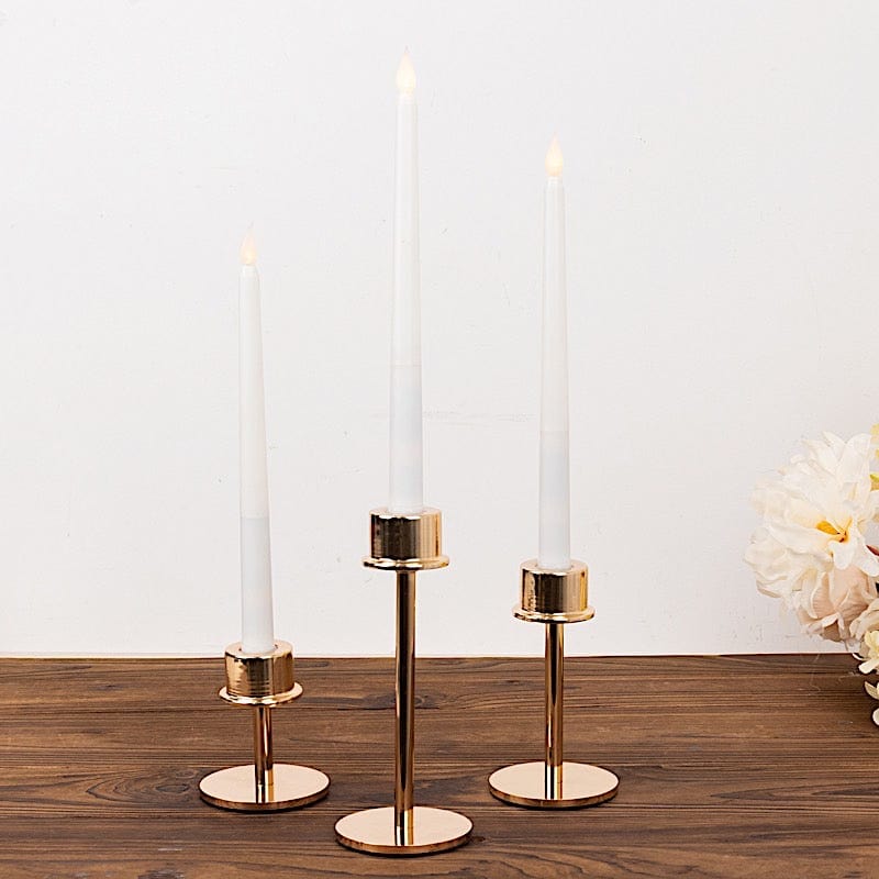 3 Gold Round Metal Taper Candlestick Holders