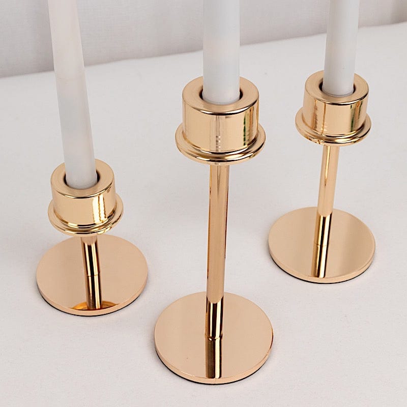 3 Gold Round Metal Taper Candlestick Holders