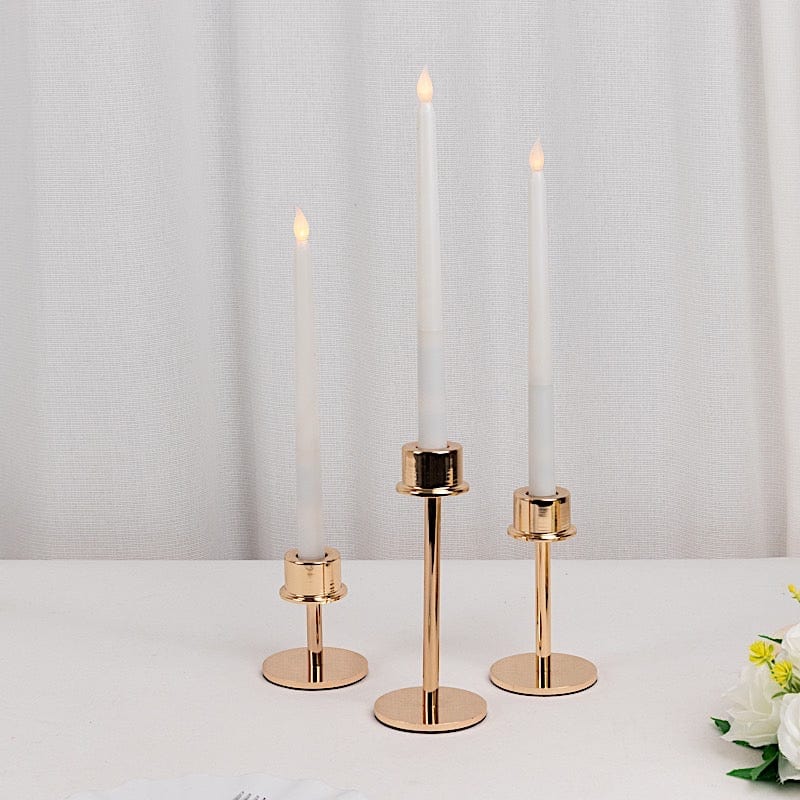 3 Gold Round Metal Taper Candlestick Holders