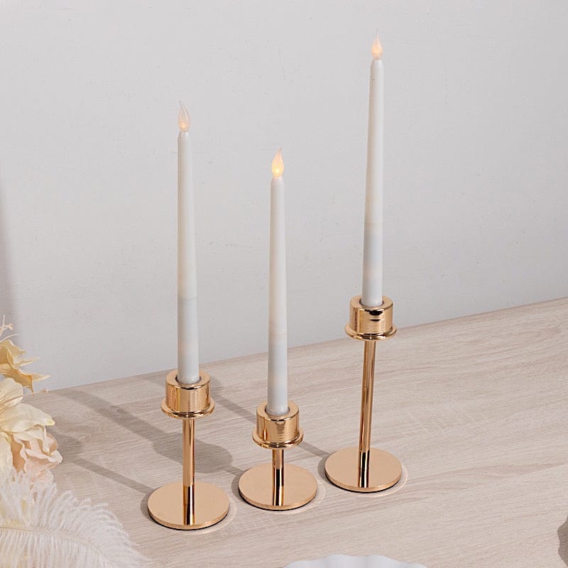 3 Gold Round Metal Taper Candlestick Holders