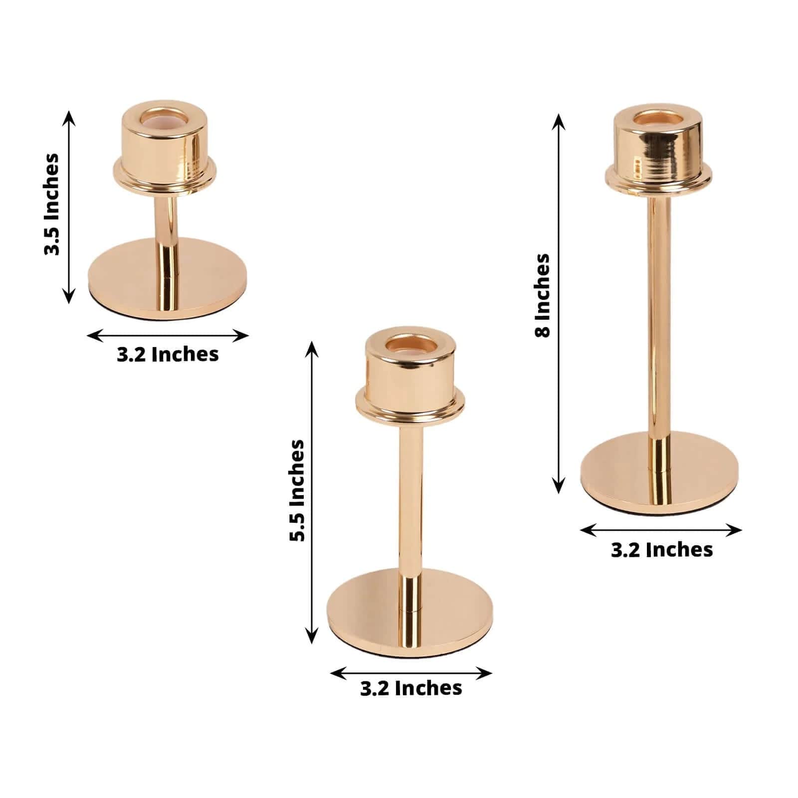 3 Gold Round Metal Taper Candlestick Holders