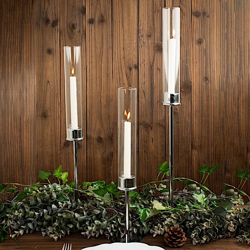 3 Metal with Clear Glass Shades Hurricane Taper Candle Holders Set