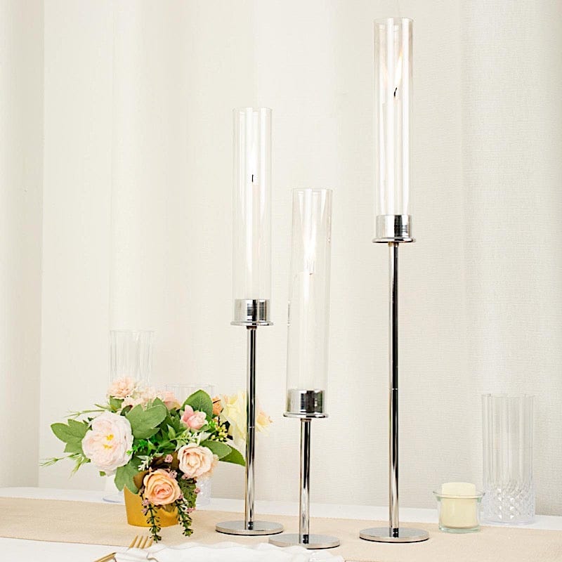 3 Metal with Clear Glass Shades Hurricane Taper Candle Holders Set