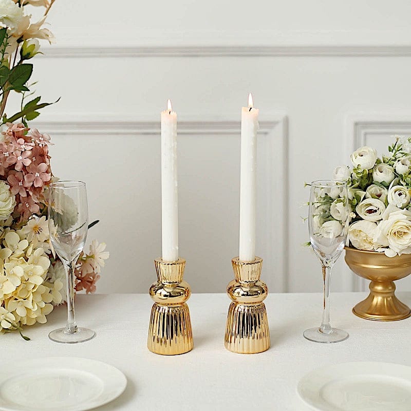 3 Metallic Gold 5 in Ribbed Fluted Ball Neck Ceramic Taper Candle Holders