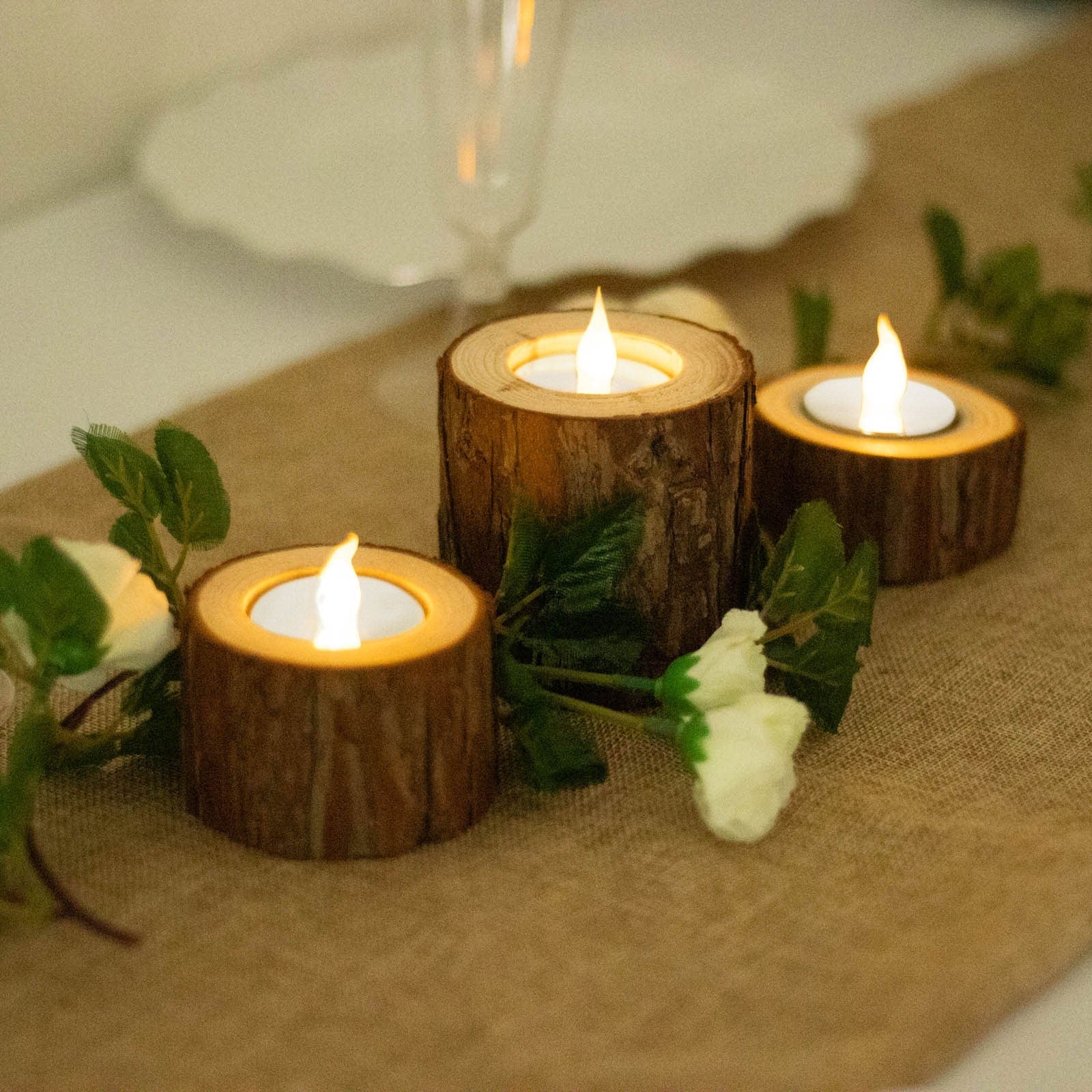 3 Assorted Round Natural Wood Slice Tea Light Candle Holders