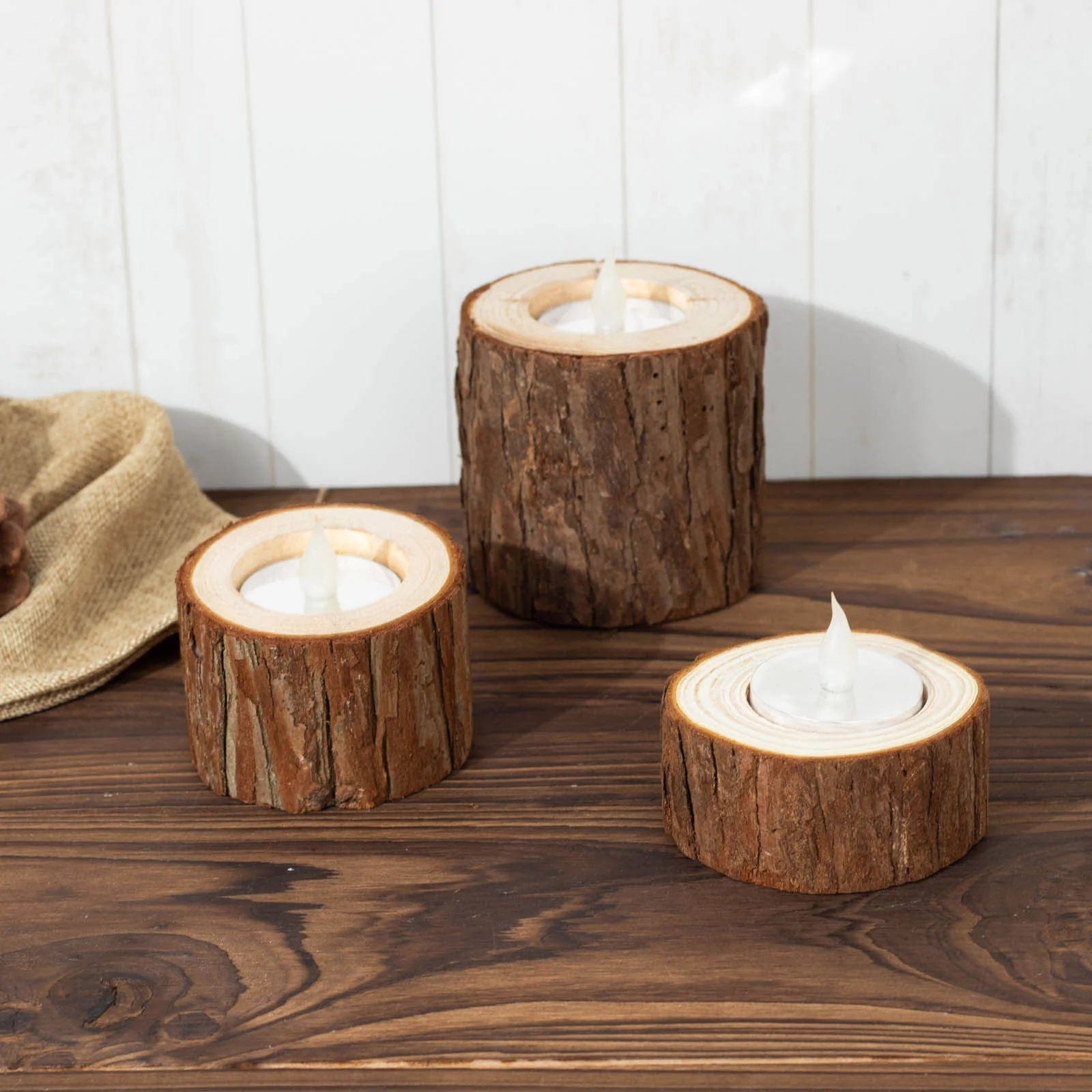 3 Assorted Round Natural Wood Slice Tea Light Candle Holders