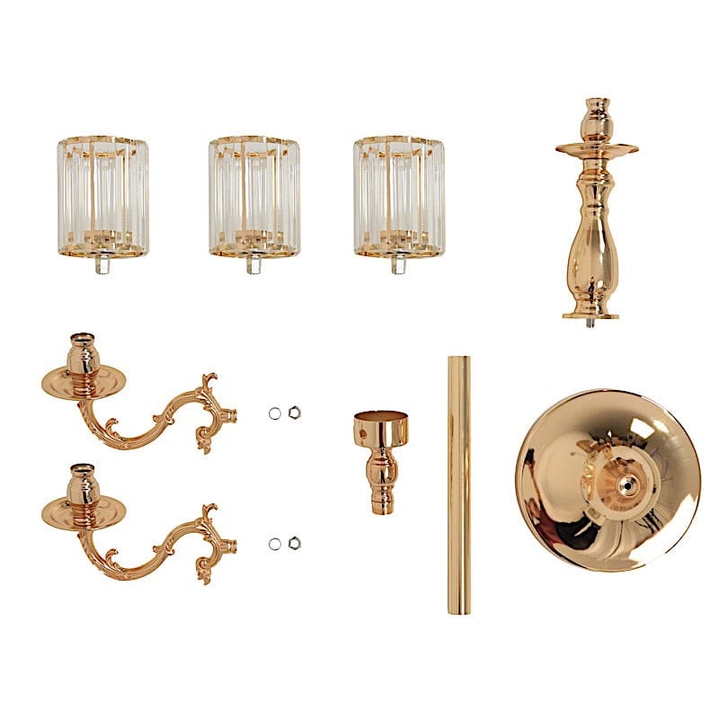 34 in tall 3-Arm Gold Metal Candle Holder with Crystal Pendant Glass Shades