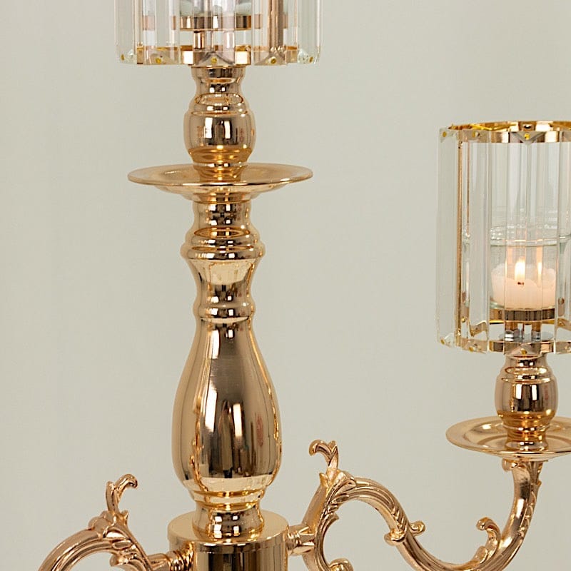 34 in tall 3-Arm Gold Metal Candle Holder with Crystal Pendant Glass Shades