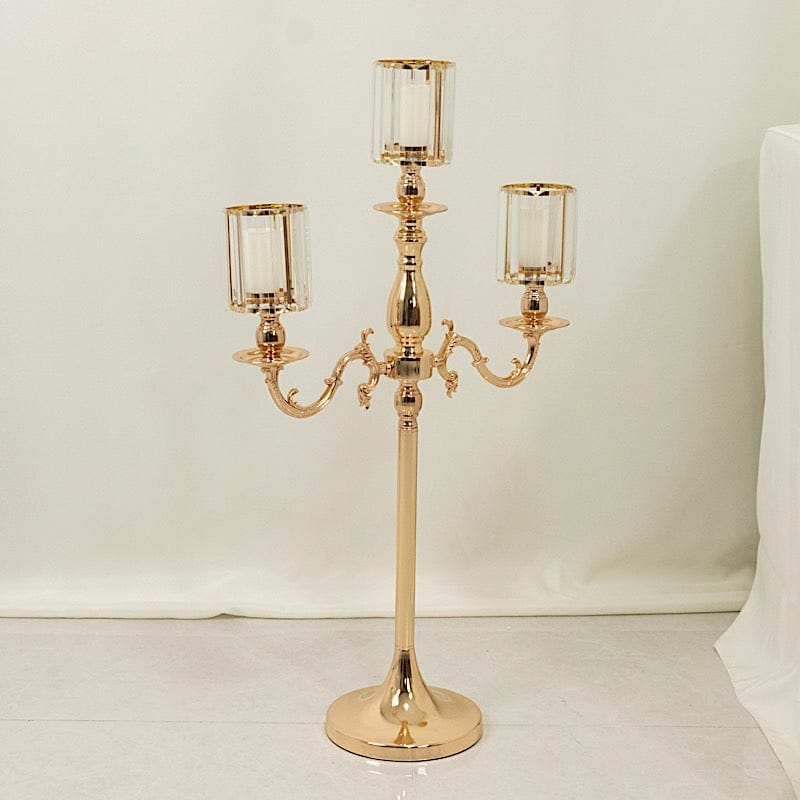 34 in tall 3-Arm Gold Metal Candle Holder with Crystal Pendant Glass Shades