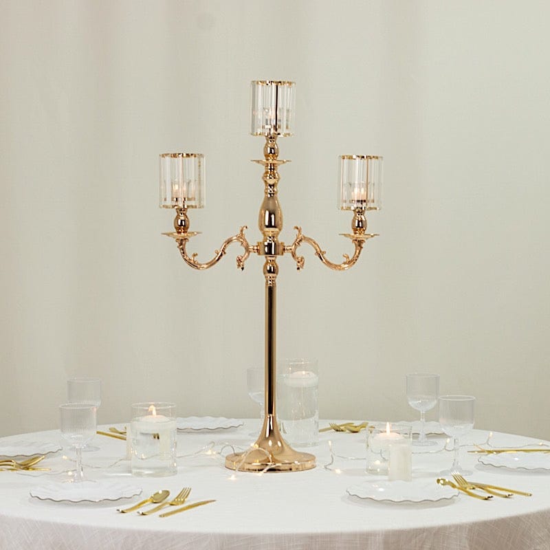 34 in tall 3-Arm Gold Metal Candle Holder with Crystal Pendant Glass Shades