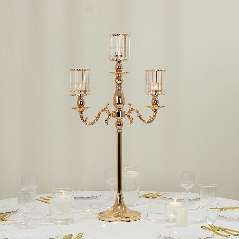 34 in tall 3-Arm Gold Metal Candle Holder with Crystal Pendant Glass Shades