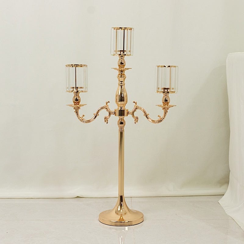 34 in tall 3-Arm Gold Metal Candle Holder with Crystal Pendant Glass Shades