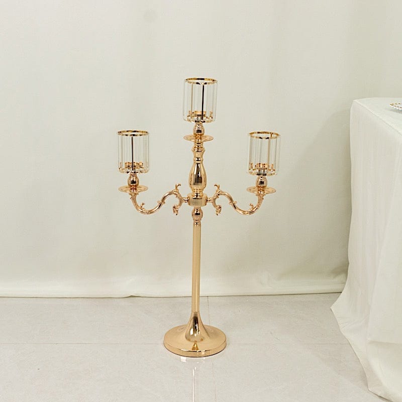 34 in tall 3-Arm Gold Metal Candle Holder with Crystal Pendant Glass Shades