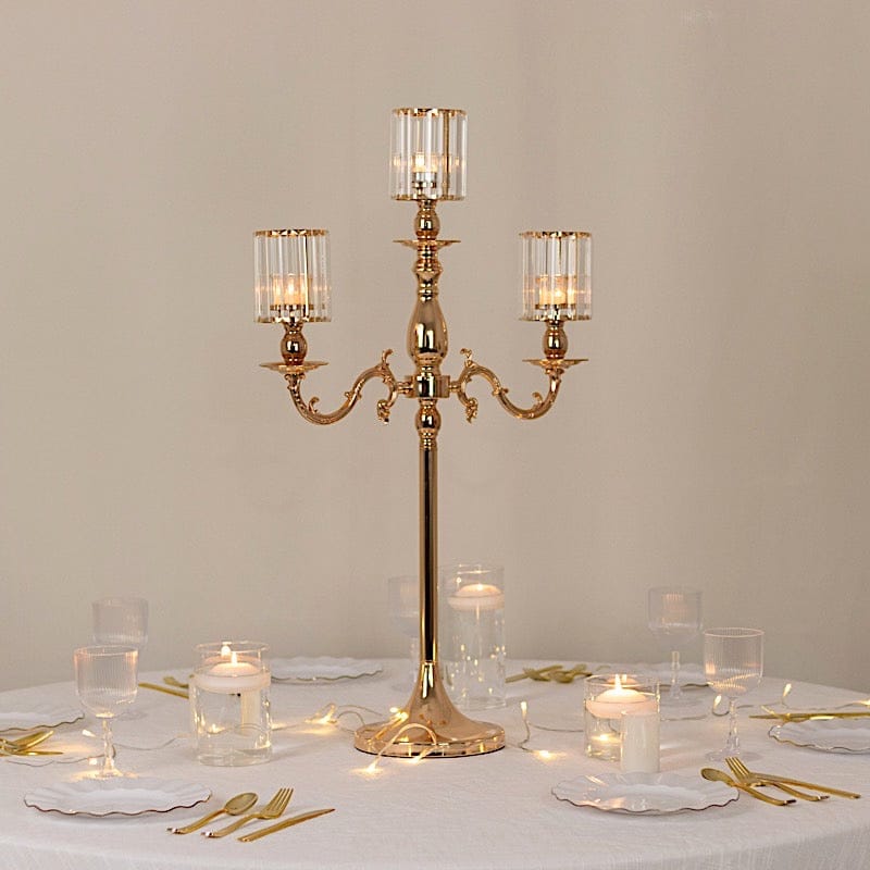 34 in tall 3-Arm Gold Metal Candle Holder with Crystal Pendant Glass Shades