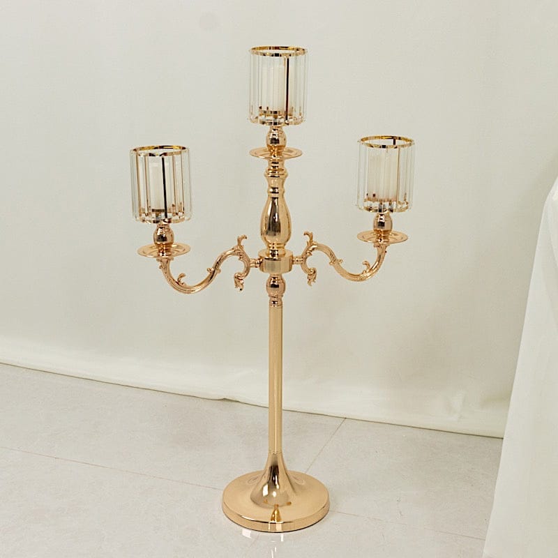 34 in tall 3-Arm Gold Metal Candle Holder with Crystal Pendant Glass Shades